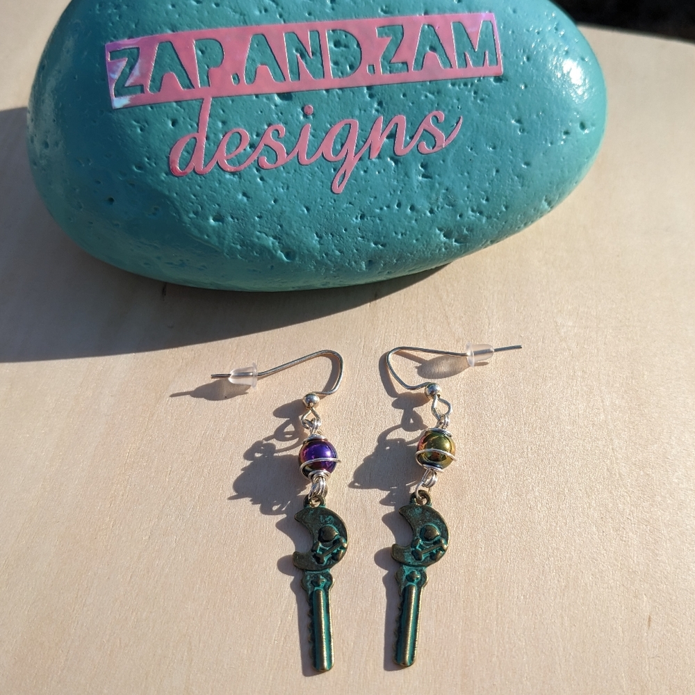 🌈sold🌈Rainbow Hematite Wrapped Key Earrings Handmade Silver Wire Steampunk